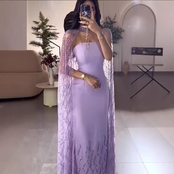 Lilac Elegant Evening Dresses with Luxury Beaded Long Cape Gown for Party LA72828
