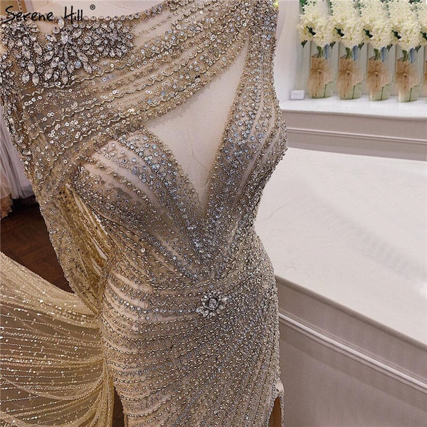 Luxury Champagne Split Diamond Beaded Sleeveless Evening Dress LA70301