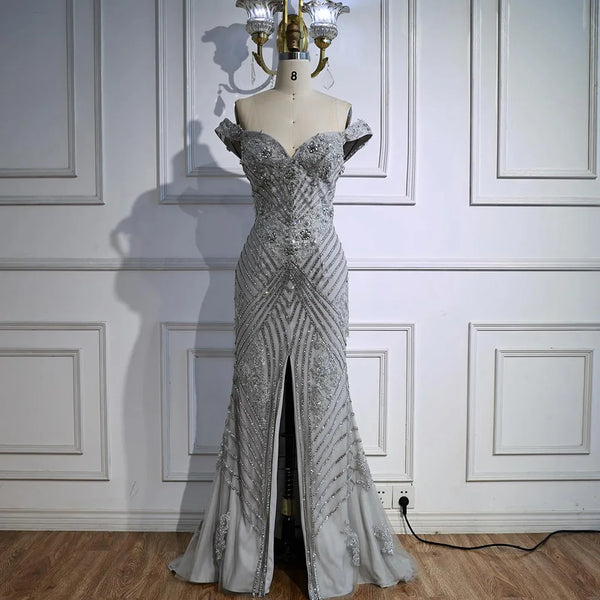 Luxury Silver Gray Off Shoulder Mermaid Evening Dress LA73018