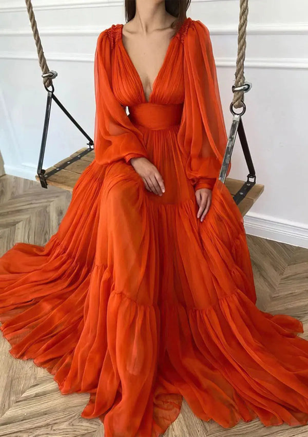 Serene Hill  Arabic Red A-Line Long Sleeve Floor-Length Chiffon Prom Dress with Pleats for Women's Party LA72688