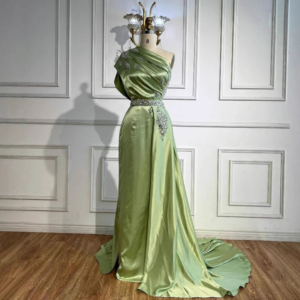 Luxury Sage Green Satin Beaded One Shoulder Evening Dress LA72845
