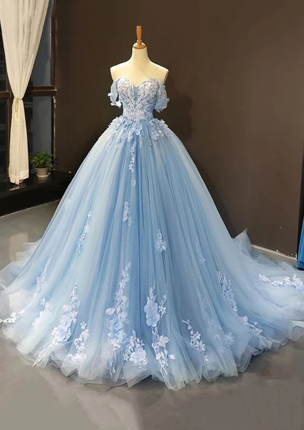 Serene Hill  Arabic Blue Ball Gown Off-the-Shoulder Tulle Prom Dress with Appliqués for Women's Party LA72679