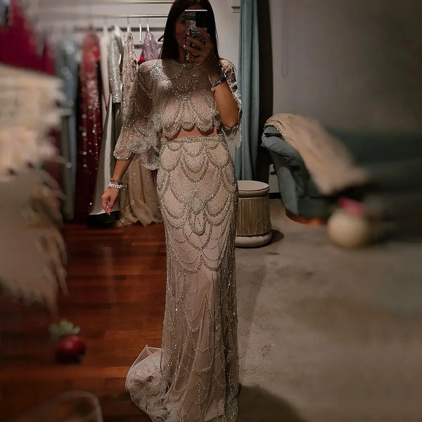 Luxury Beaded Nude Two Pieces Evening Dress LA72462