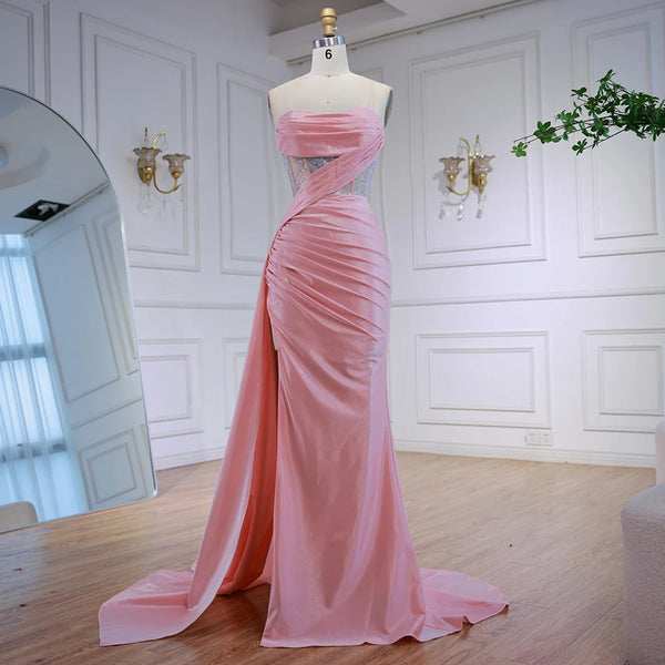 Elegant Pink Glitter Evening Dress with Slit LA72997