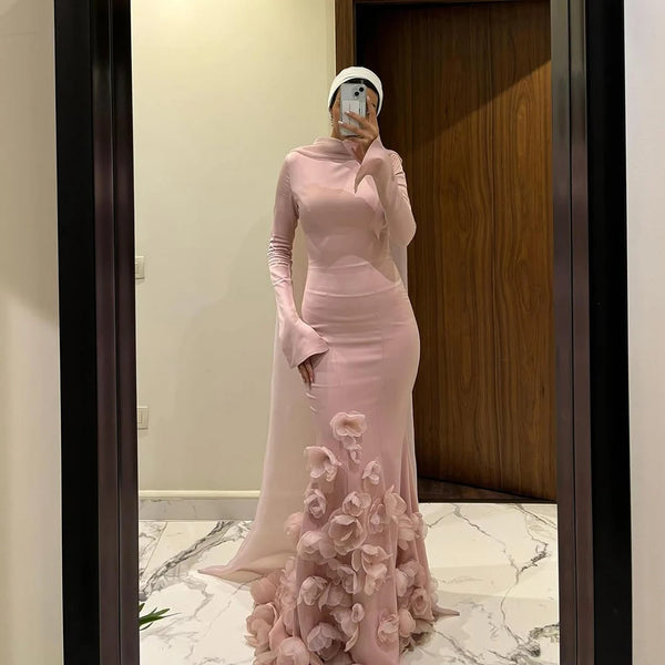 Luxury Pink 3D Flower Evening Dress  Long Sleeves LA72954