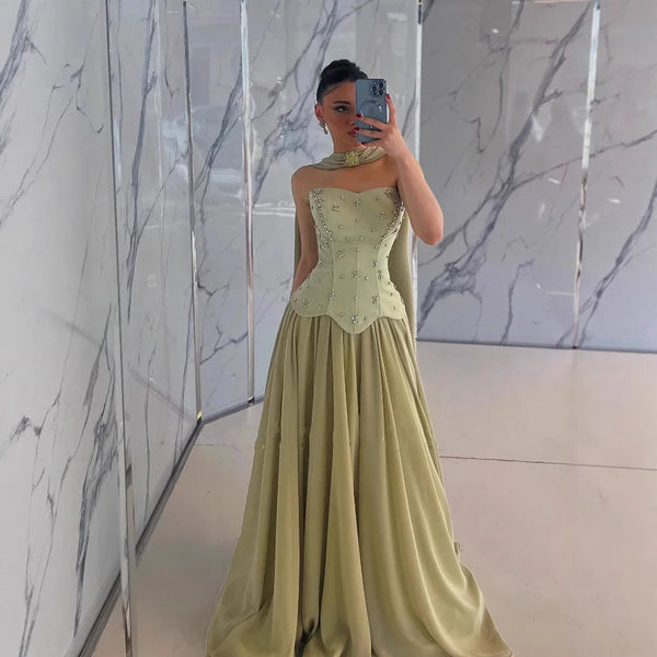 Elegant Sage Green Strapless A-Line Chiffon Evening Dress LA73073