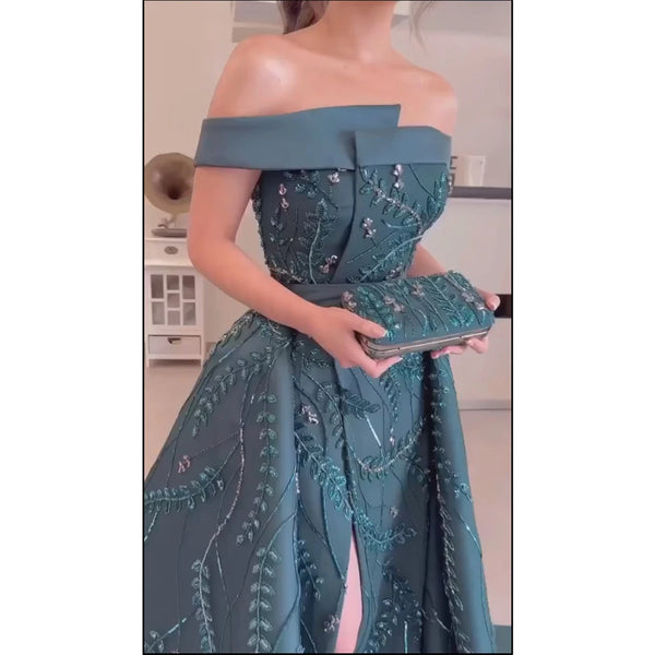 Luxury Dubai  Green Arabic One-Shoulder Satin Evening Gown Beaded Dress with Overskirt and Split for Formal Occasion LA72178