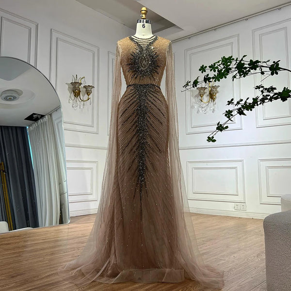 Luxury Caramel Beaded Evening Dress Gown with Cape Sleeves LA72940