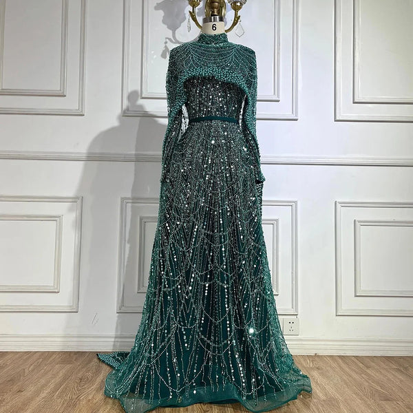 Luxury Hijab Muslim Dubai Style Modest Sage Green Evening Dress with Pearls LA72032B