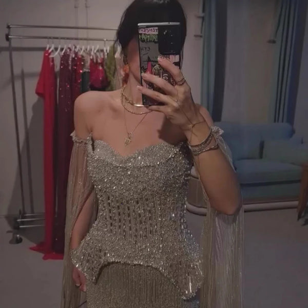 Luxury Silver Beaded Off-Shoulder Evening Dress with Cape Sleeves LA73076