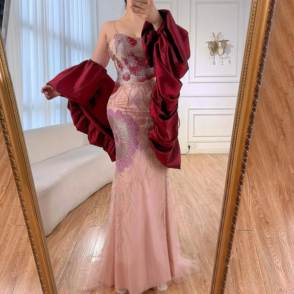 Luxury Designer Dreamy Pink Evening Dress With Cape Sleeves LA72850