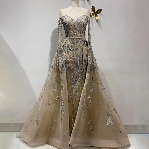 Muslim Mermaid Nude With Overskirt Beaded  Dubai Evening Dresses Gowns  For  Wedding Party LA71943