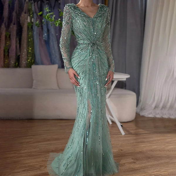 Luxury Designer Arabic Turquoise Mermaid Split Evening Dresses Gowns  With LA72007