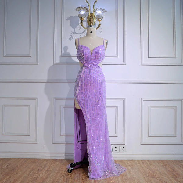 Luxury Purple Sequin Prom Dress with Slit and Cutout Waist LA73000