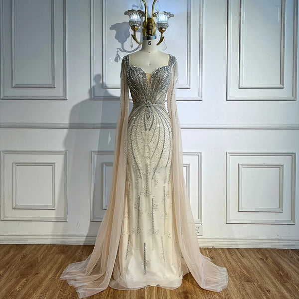 Elegant Beige Beaded Evening Dress with Cape Sleeves LA72992