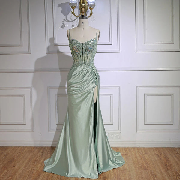 Luxury Mint Green Satin Beaded Evening Dress with Slit LA72995