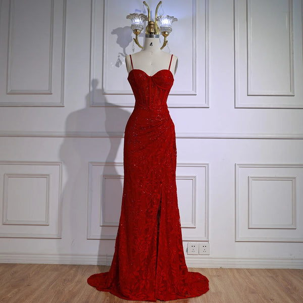 Elegant Red Evening Dress with Slit LA72998
