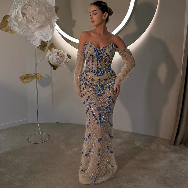 Luxury Blue Beaded Evening  Dress Gowns Beaded For Formal Occasion LA72858