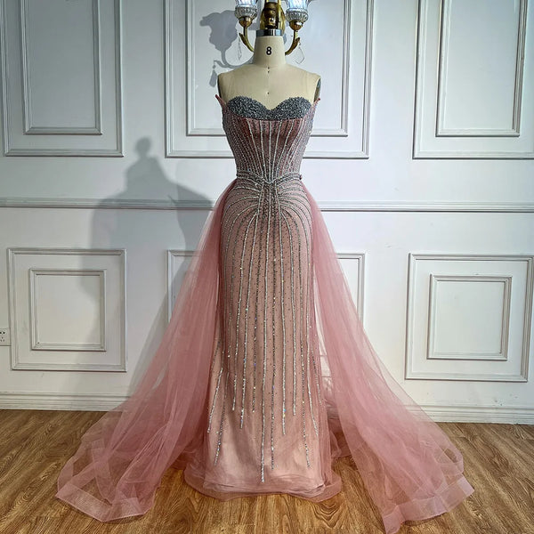 Strapless Pink Pearls Beaded Arabic Mermaid Evening Dress with Overskirt LA72811B