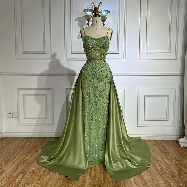 Sage Green Beaded Evening Dress Detachable Overskirt Party LA72733A