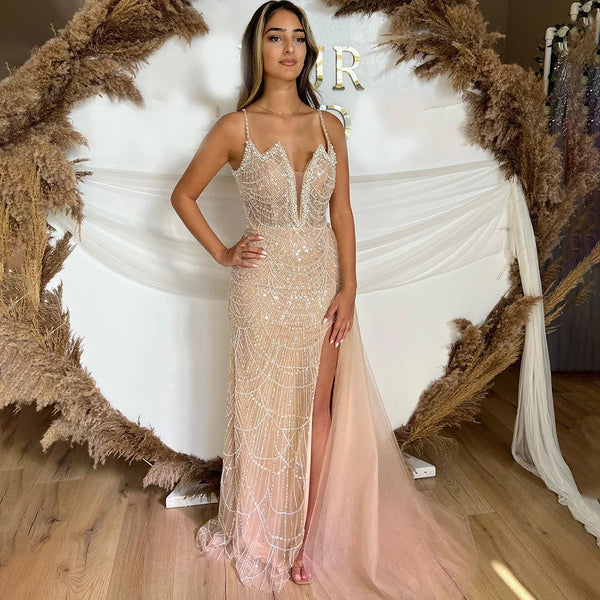 Nude Mermaid Spaghetti Straps Beaded Evening Gown 2025 LA72189