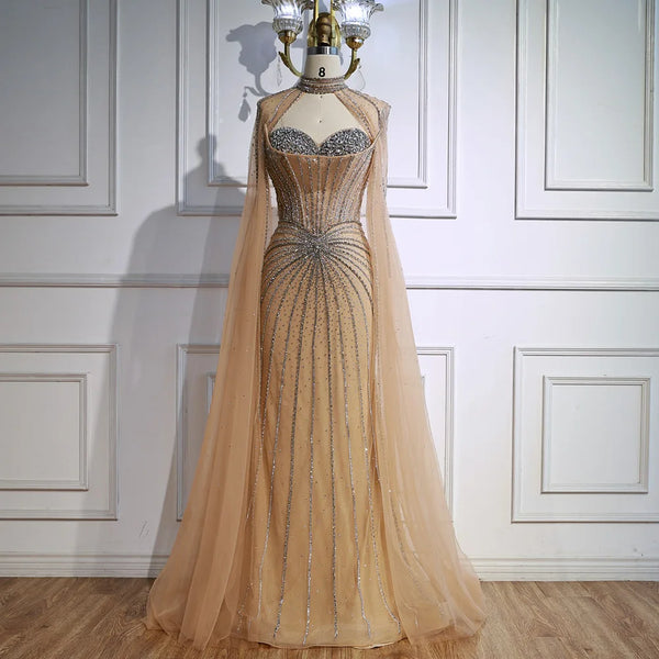 Nude Luxury Beaded Mermaid Evening Gown with Cape Sleeves LA72811A