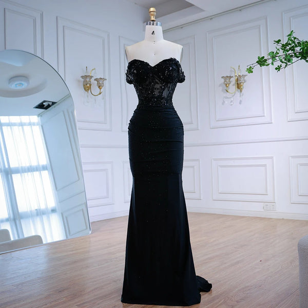 Luxury Black Off Shoulder Lace Prom Evening Dress LA72999