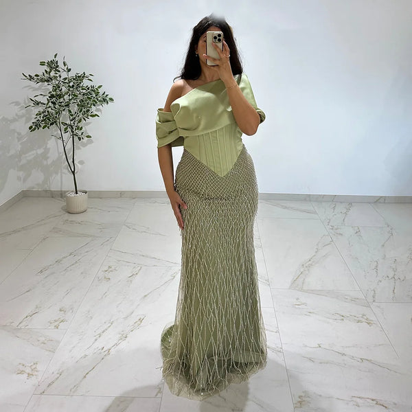 Sage Green Off Shoulder Tassel Beaded Mermaid Evening Dress LA73037