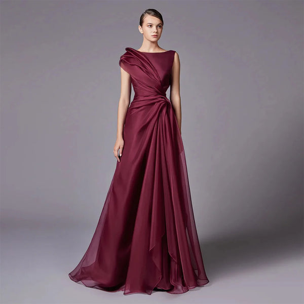 Burgundy Elegant A-Line Evening Dress with Draped Shoulder LA72944