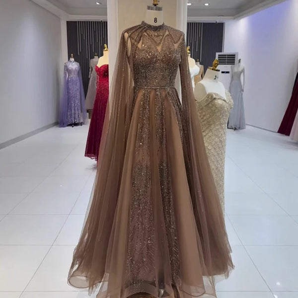Luxury Brown Beaded Evening Gown with Cape Arabic Style LA72951