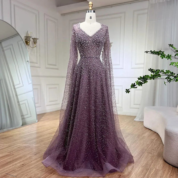 Purple A Line Evening Dresses  With  Cape Sleeves   LA72147A
