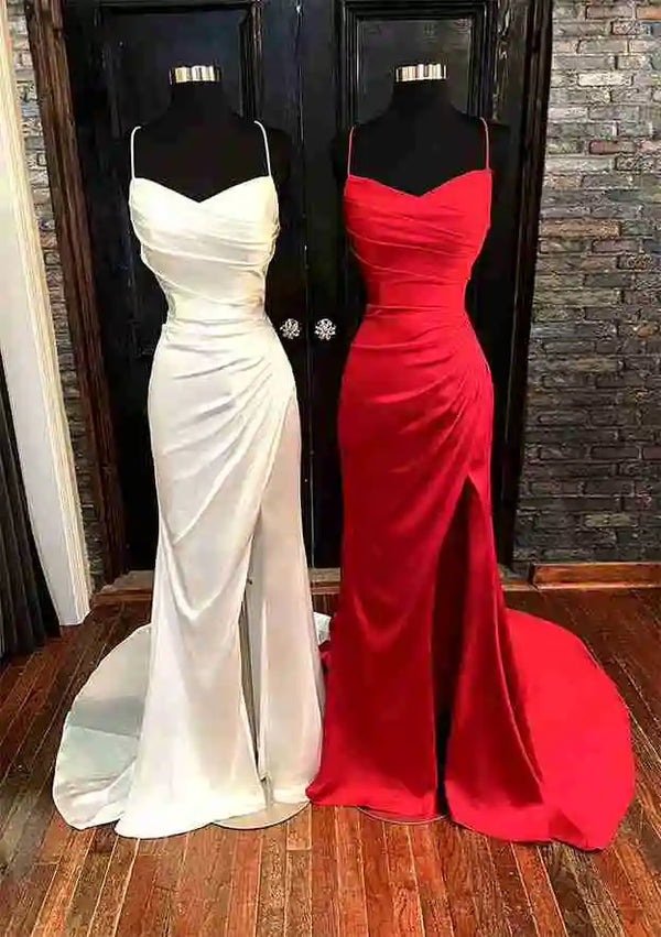 Serene Hill  Arabic Red Elegant Spaghetti Strap Pleated Satin Prom Dress with Split for Women's Party LA72675
