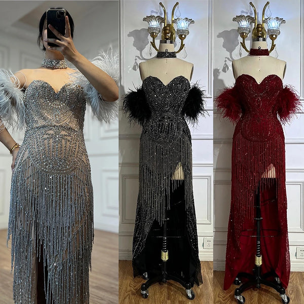 Serene Hill Silver Nude Mermaid Open Split Sexy Evening Dresses Luxury Beaded Tassel Party Gowns For Women LA72083
