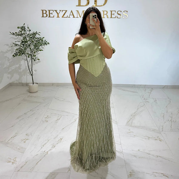 Sage Green Off Shoulder Tassel Beaded Mermaid Evening Dress LA73037