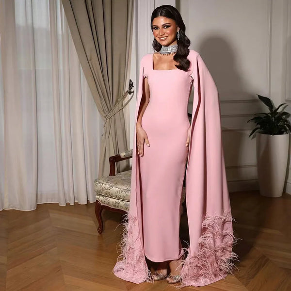 Luxury Arabic Pink Mermaid Evening Dress with Feather Cape LA72855