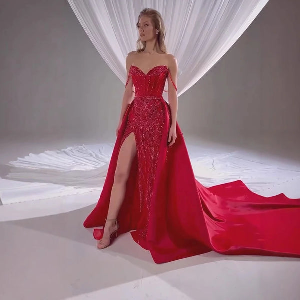 Luxury Red Beaded High Slit Evening Gown with Overskirt LA72936