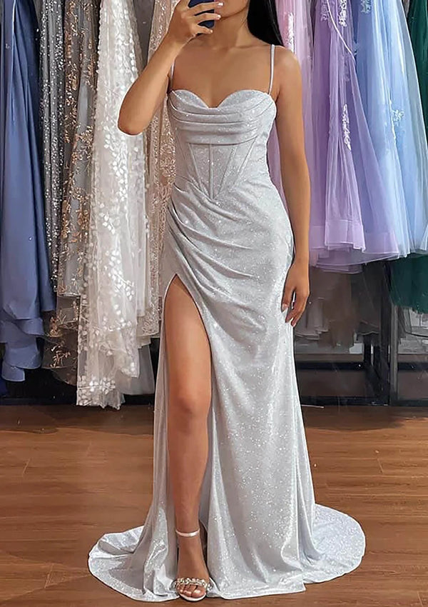 Serene Hill  Arabic Silver Elegant Mermaid Spaghetti Straps Glitter Prom Dress with Pleated Split for Women's Party LA72685