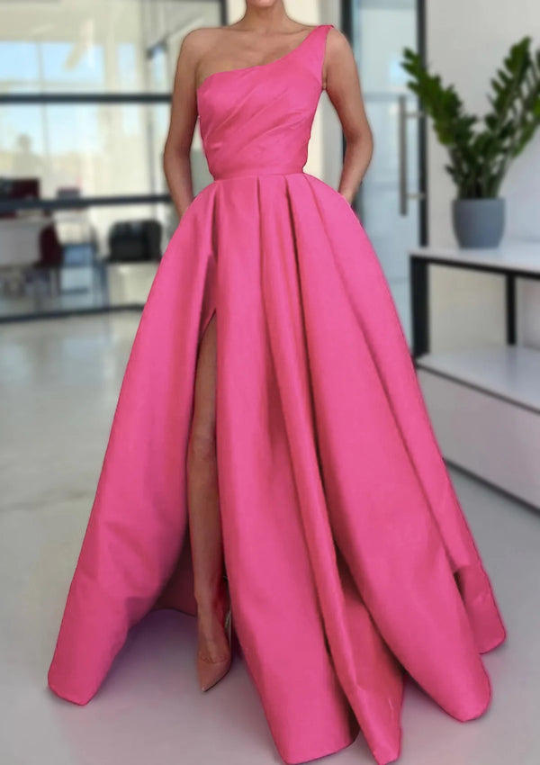 Serene Hill  Arabic Pink A-Line One-Shoulder Floor-Length Satin Prom Dress with Split, Ruffles, and Pockets for Women's Party LA72683