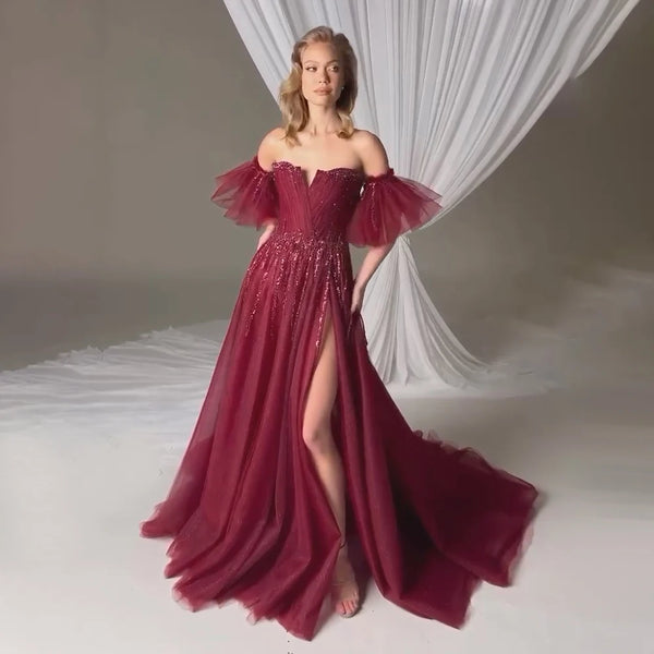 Wine Red A-Line High Slit Evening Gown with Detachable Short Sleeves LA72938