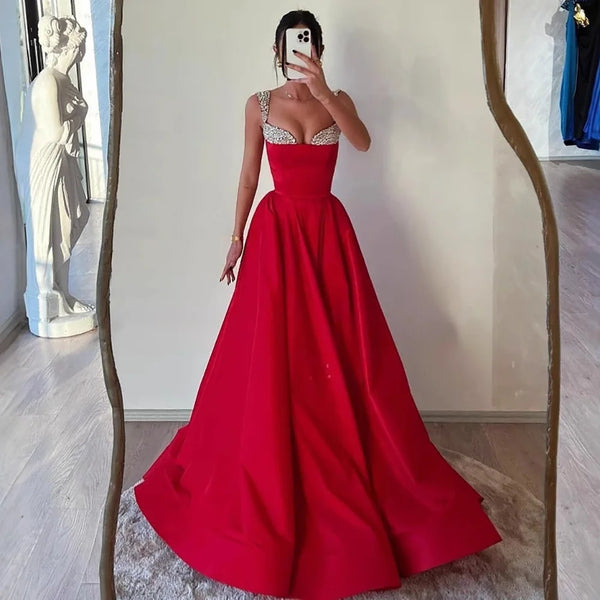 Luxury Red Beaded A Line Prom Dress Strapless Elegant Designer Gown LA73049