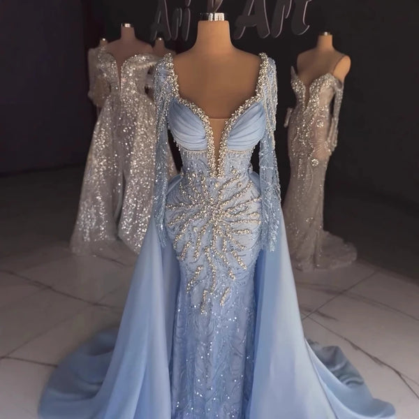 Luxury  Muslin Blue hijab Evening Dress With Long Sleeves LA72963