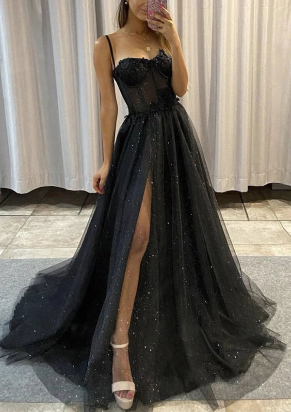 Serene Hill  Arabic Black A-Line Sweetheart Spaghetti Straps Tulle Glitter Prom Dress with Appliqué for Women's Party LA72689