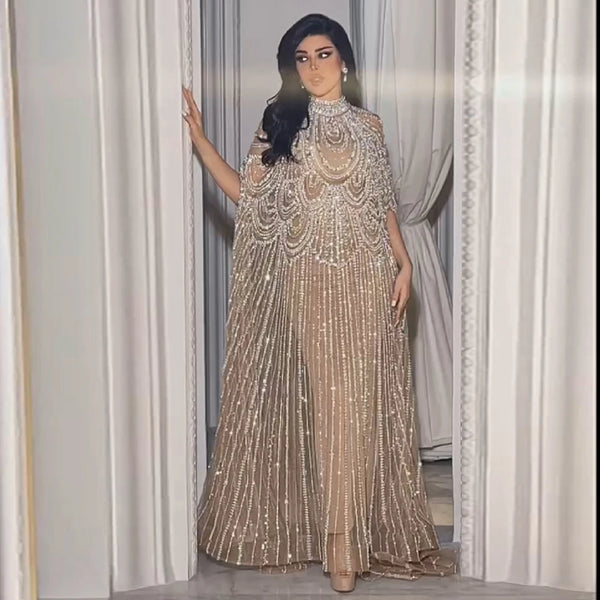 Luxury Champagne Kaftan Evening Gown Wedding Formal Dress LA72945