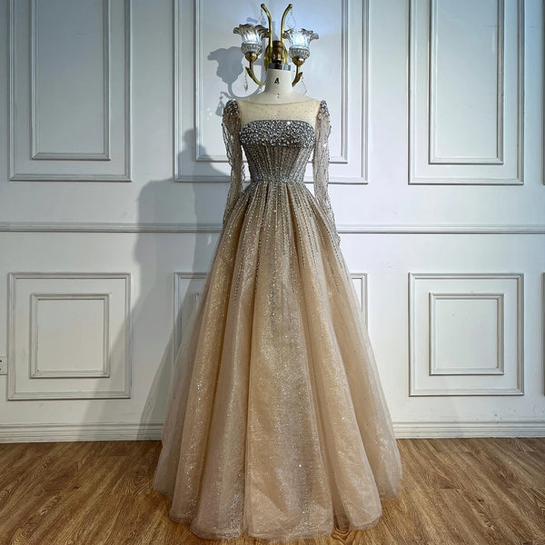 Luxury Caramel Sparkly A-Line Evening Dress with Long Sleeves LA72991