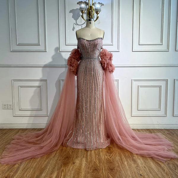 Luxury Pink Beaded Mermaid  Arabic Evening Dress with Cape LA73019