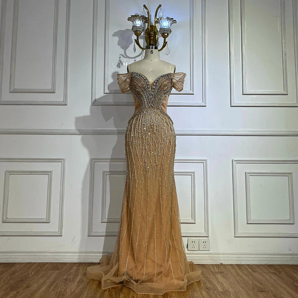 Saudi Arabic Off Shoulder Nude Beaded Tulle Mermaid Evening Gown LA72854