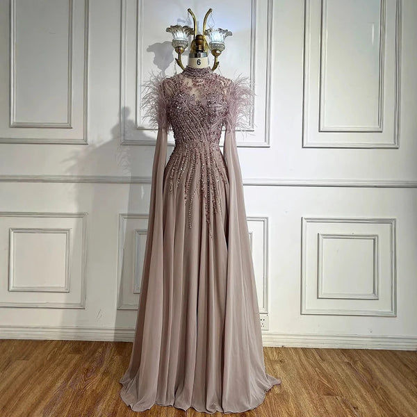 Luxury Pink Feather Beaded Evening Dress with Long Sleeves Cape LA72982