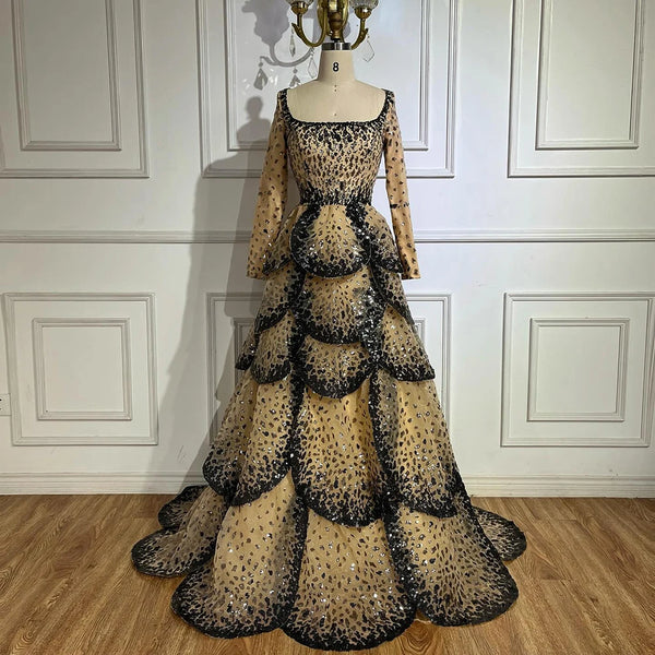 Luxury Black Nude Sequin Evening Dress with Long Sleeves LA72505B