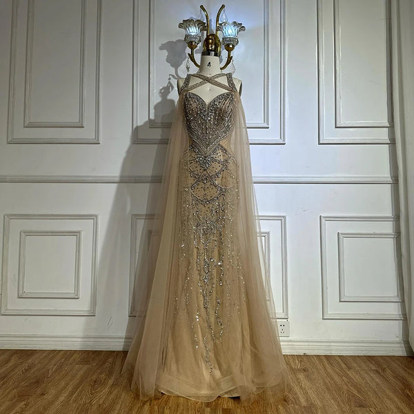 Luxury Dubai    Nude Cape Sleeves Beaded Crystal Arabic Evening Dresses Gowns For Women Wedding Party LA72806
