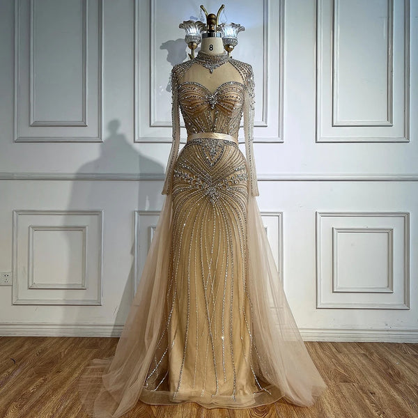 Luxury Nude Beaded Evening Dress with Detachable Overskirt LA72990